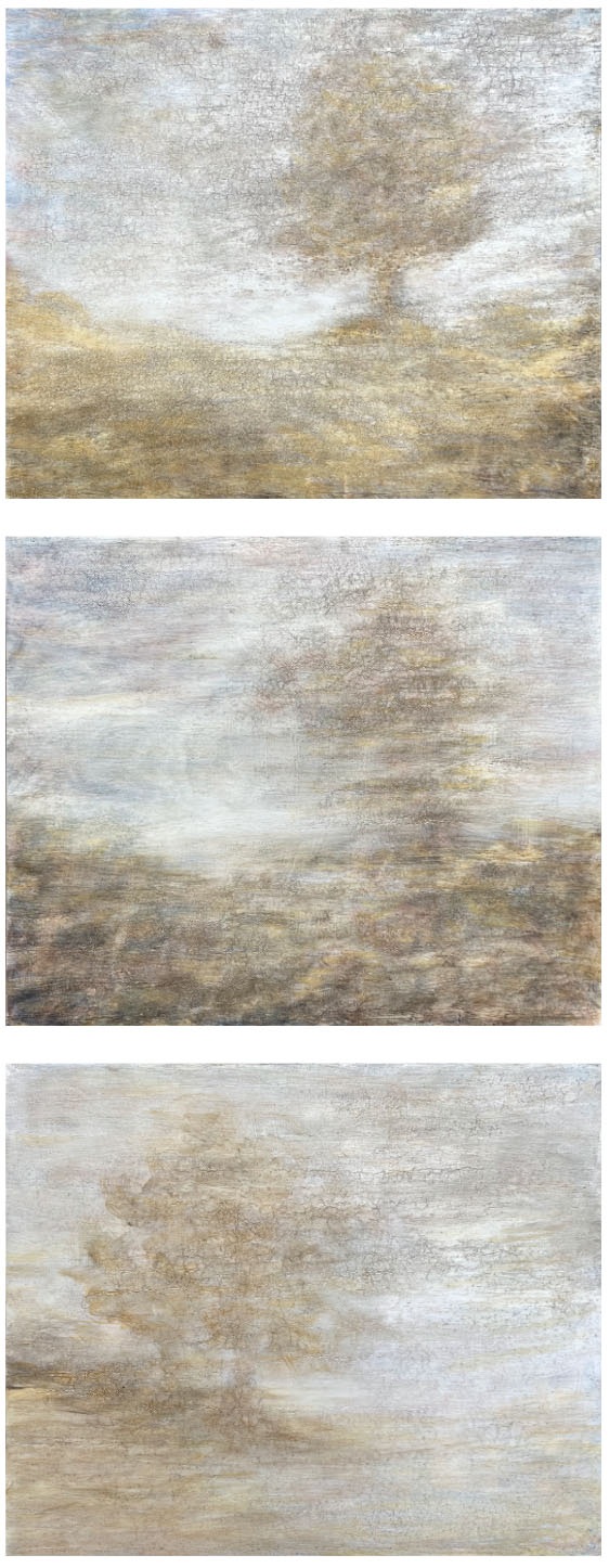 Lena Salvatori, Piccole variazioni su un tema di paesaggio n. 109-111 2025 Olio su smalto su tavola cm 34,5 x42